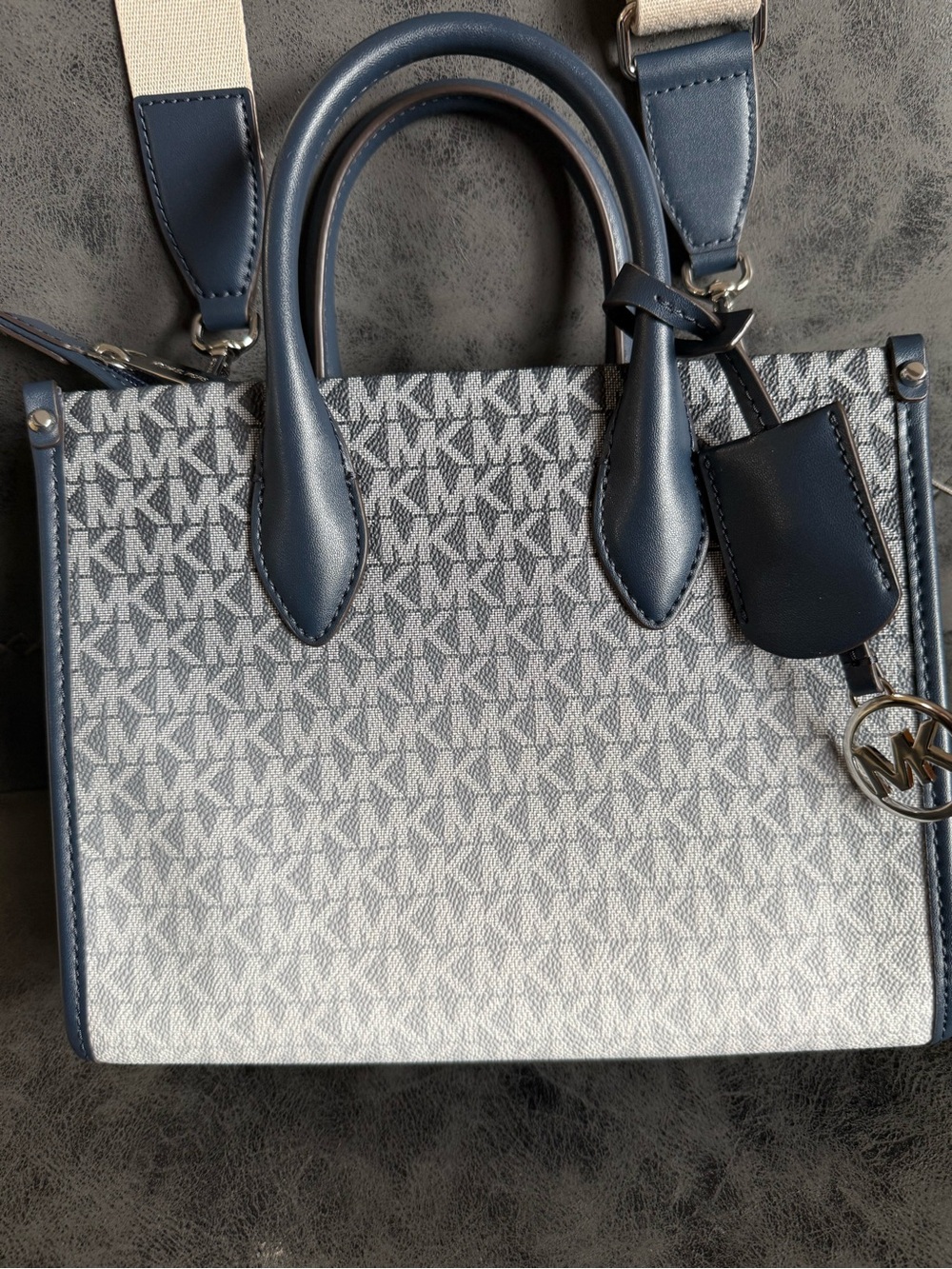Michael Kors Navy and White Signature MK Satchel with Navy Trim